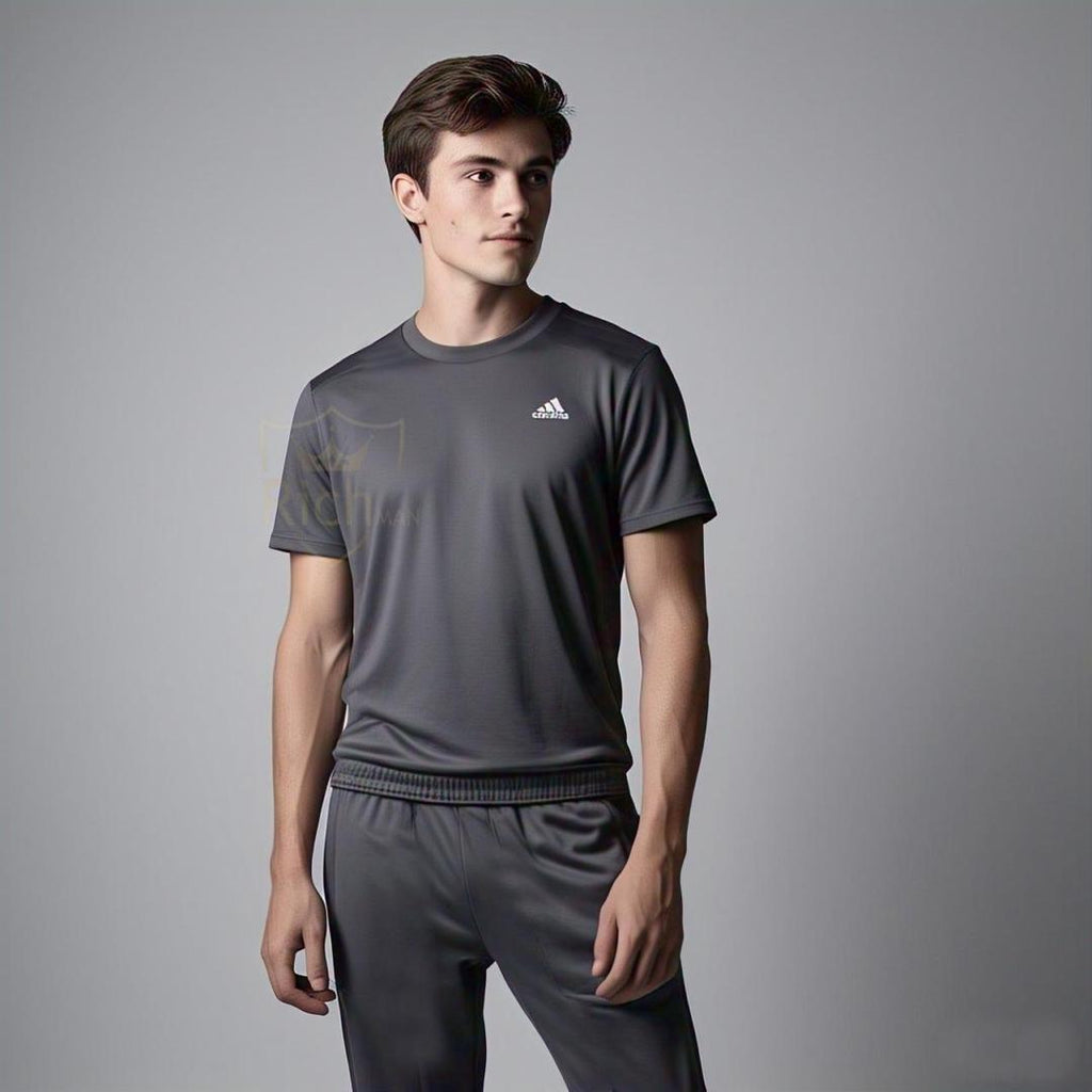 Men Micro Interlock Track Suit Grey 2Pcs Round Neck
