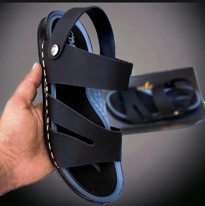 Men Black Synthetic Leather Fancy Sandals with Button Strap