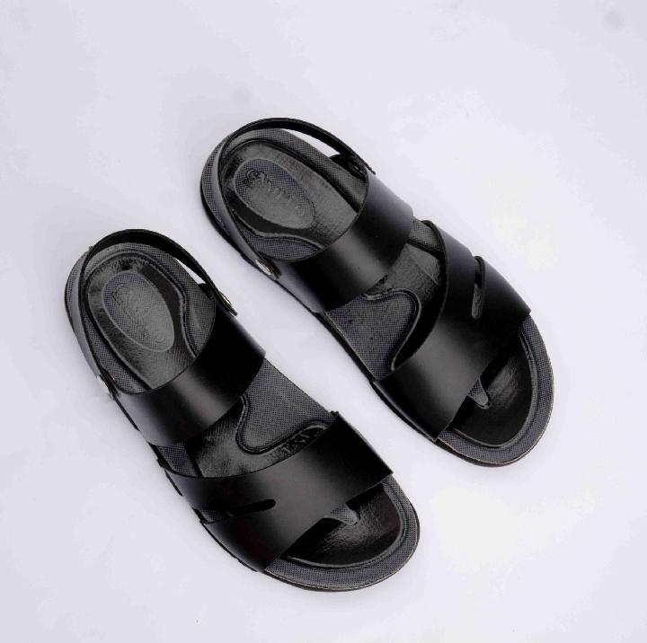 Men Black Synthetic Leather Fancy Sandals with Button Strap