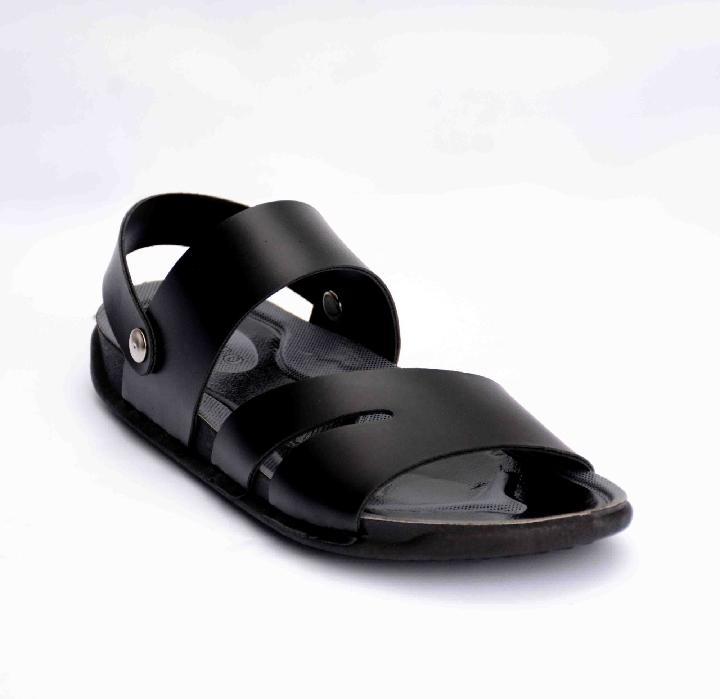 Men Black Synthetic Leather Fancy Sandals with Button Strap