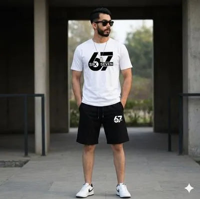2 Pcs Men's Polyester Printed T-Shirt & Shorts Tracksuit