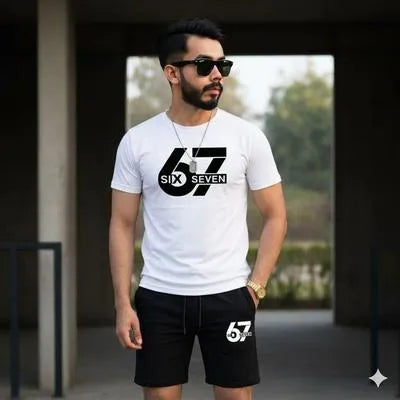 2 Pcs Men's Polyester Printed T-Shirt & Shorts Tracksuit