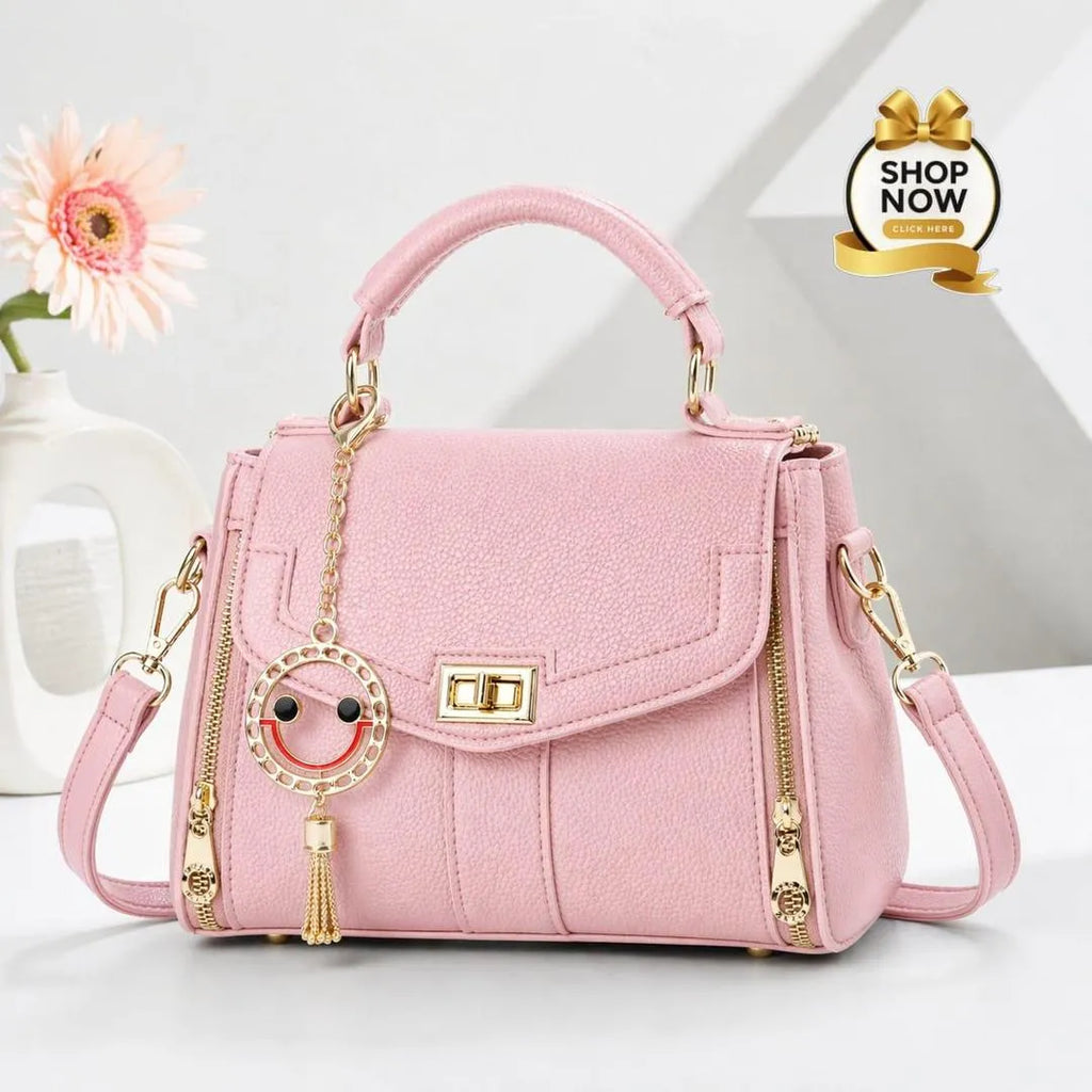Pink Leather Shoulder Bag with Gold Plated Handles