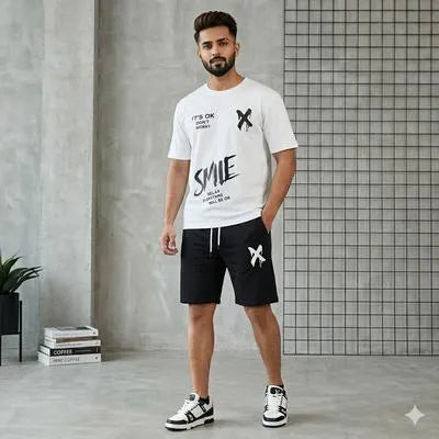 2 Pcs Men's Polyester Printed T-Shirt & Shorts Tracksuit