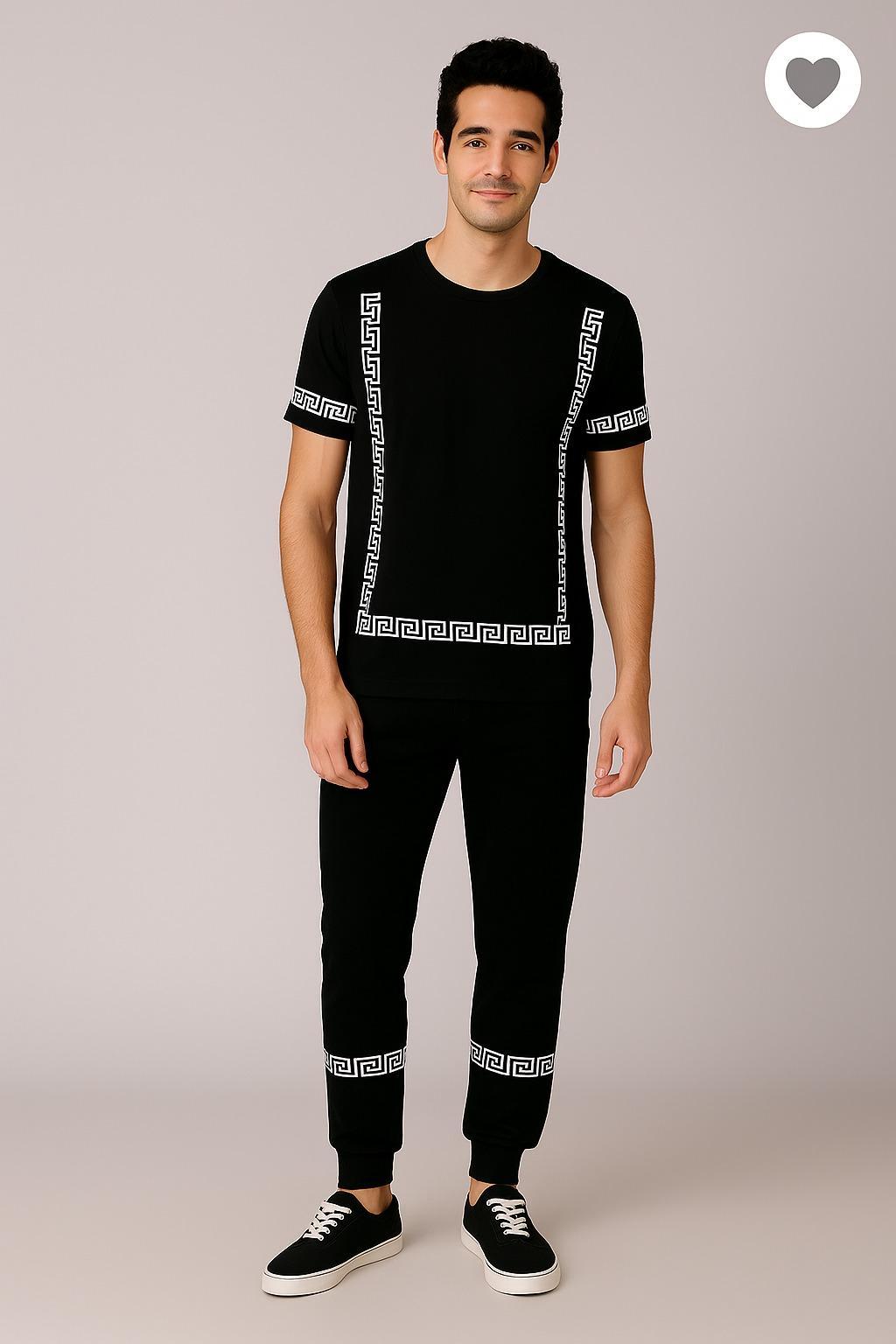 Men Black Greek Print Track Suit Slim Fit 2Pcs
