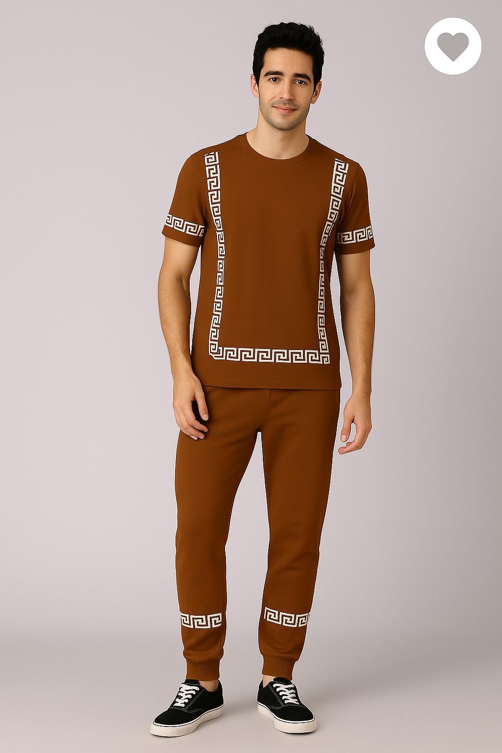 Brown Printed Men's 2-Piece Track Suit Slim Fit