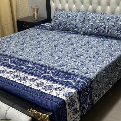 Crystal Cotton Blue Printed Double Bed Sheet Set 3Pc