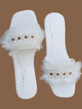 White Fluffy Slippers with Crystal Embellishments for Women