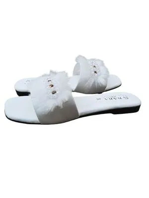 White Fluffy Slippers with Crystal Embellishments for Women